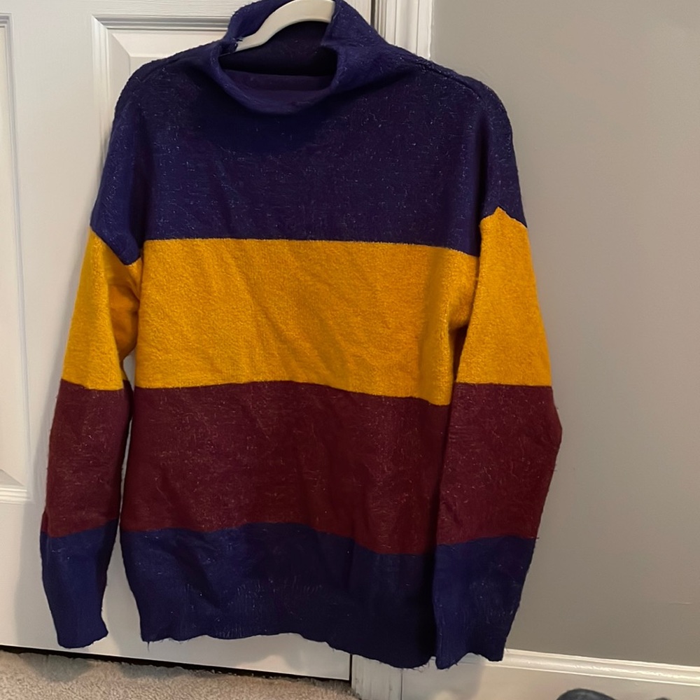 Color block sweater - navy blue, gold, and raspberry